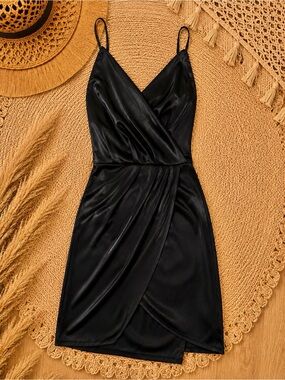 Fashion Nova Black Satin Wrap Mini Dress